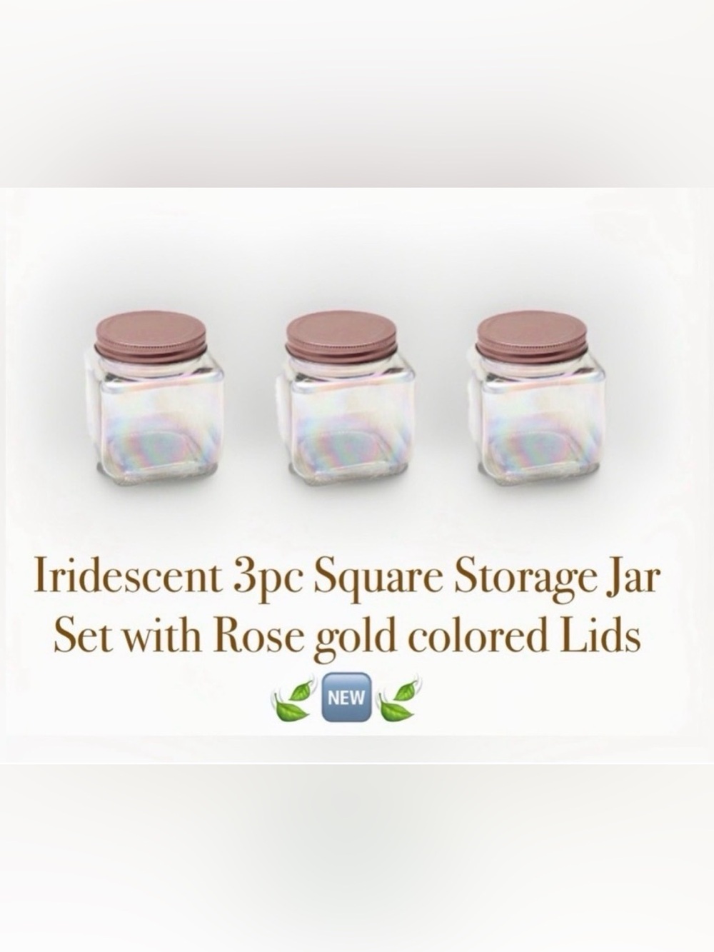 Square Iridescent glass jar with a rose gold lid Set of 3 ~New~